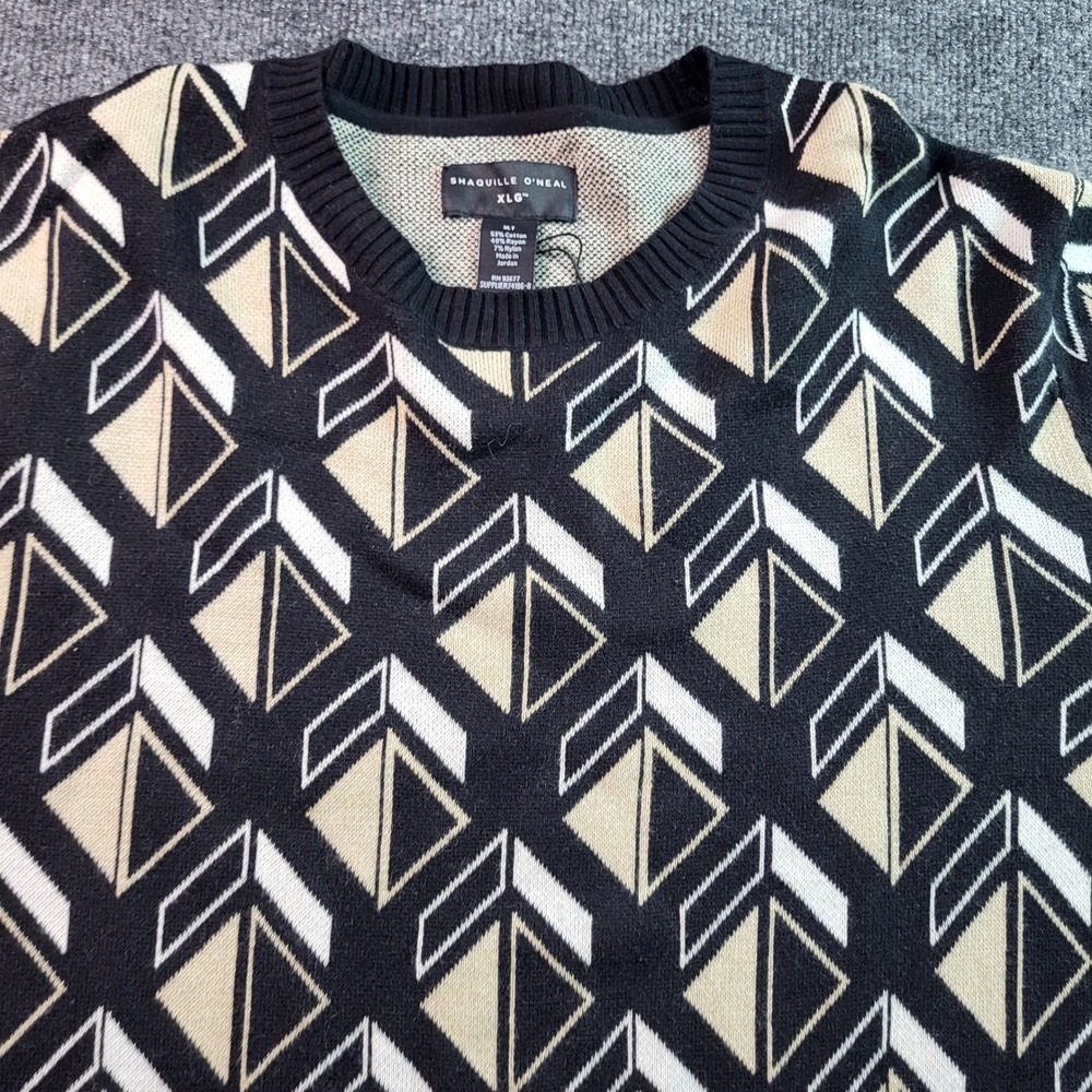 Shaquille O'Neal Mens XLT Geometric Pattern Knit Sweater Black Beige‎ White
